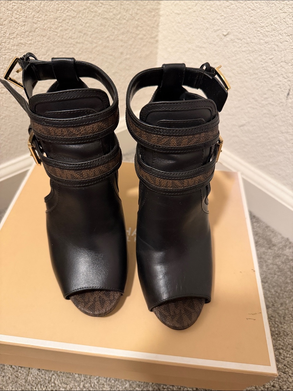 Michael Kors Black Peep-Toe Strappy Ankle Boots with Brown Logo Accents